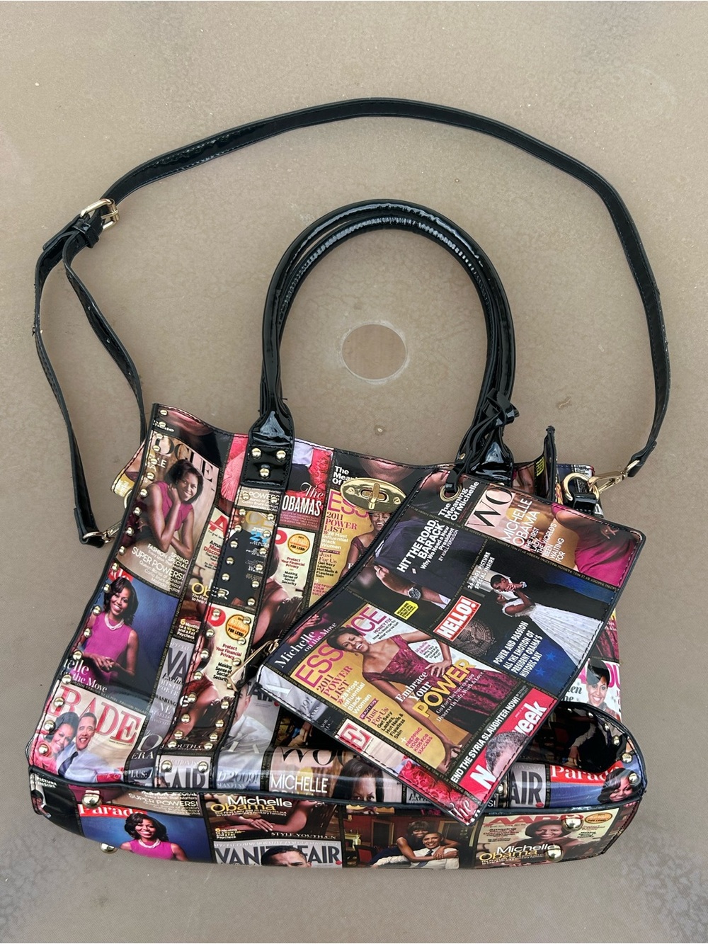 Michelle Obama Magazine Cover Collage 2 Piece Purse Set, Patent Faux Leather